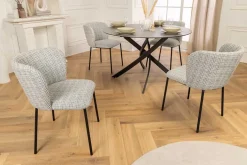 Design Stuhl LYON blau kariert Bouclé schwarze Metallbeine