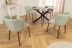 Design Stuhl LYON grün-rosa kariert Bouclé schwarze Metallbeine
