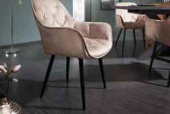 Design Stuhl MILANO champagner beige Samt mit Armlehne gepolstert schwarze Metallbeine