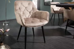 Design Stuhl MILANO champagner beige Samt mit Armlehne gepolstert schwarze Metallbeine