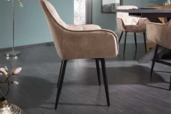 Design Stuhl MILANO champagner beige Samt mit Armlehne gepolstert schwarze Metallbeine
