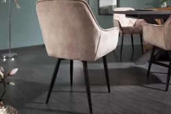 Design Stuhl MILANO champagner beige Samt mit Armlehne gepolstert schwarze Metallbeine