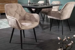 Design Stuhl MILANO champagner beige Samt mit Armlehne gepolstert schwarze Metallbeine