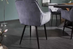 Design Stuhl MILANO grau Samt mit Armlehne Ziersteppung gepolstert schwarze Metallbeine