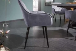 Design Stuhl MILANO grau Samt mit Armlehne Ziersteppung gepolstert schwarze Metallbeine