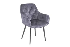 Design Stuhl MILANO grau Samt mit Armlehne Ziersteppung gepolstert schwarze Metallbeine