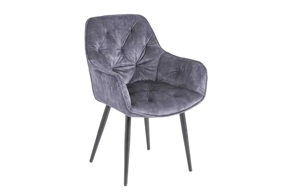 Design Stuhl MILANO grau Samt mit Armlehne Ziersteppung gepolstert schwarze Metallbeine