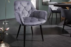 Design Stuhl MILANO grau Samt mit Armlehne Ziersteppung gepolstert schwarze Metallbeine