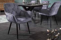 Design Stuhl MILANO grau Samt mit Armlehne Ziersteppung gepolstert schwarze Metallbeine