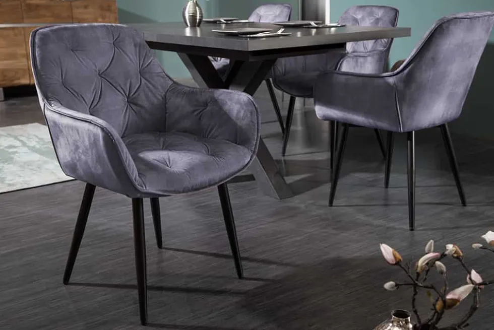 Design Stuhl MILANO grau Samt mit Armlehne Ziersteppung gepolstert schwarze Metallbeine