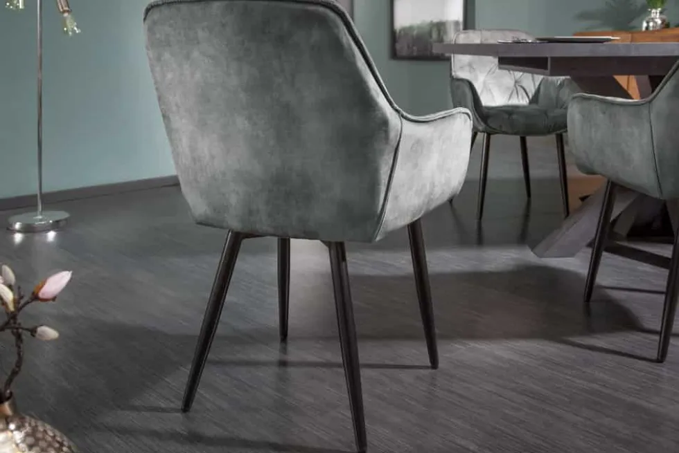 Design Stuhl MILANO grün Samt mit Armlehne Ziersteppung gepolstert schwarze Metallbeine