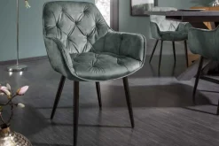 Design Stuhl MILANO grün Samt mit Armlehne Ziersteppung gepolstert schwarze Metallbeine