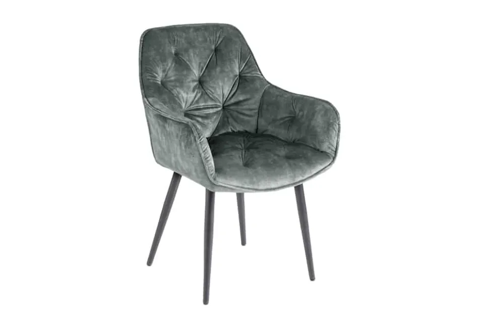 Design Stuhl MILANO grün Samt mit Armlehne Ziersteppung gepolstert schwarze Metallbeine