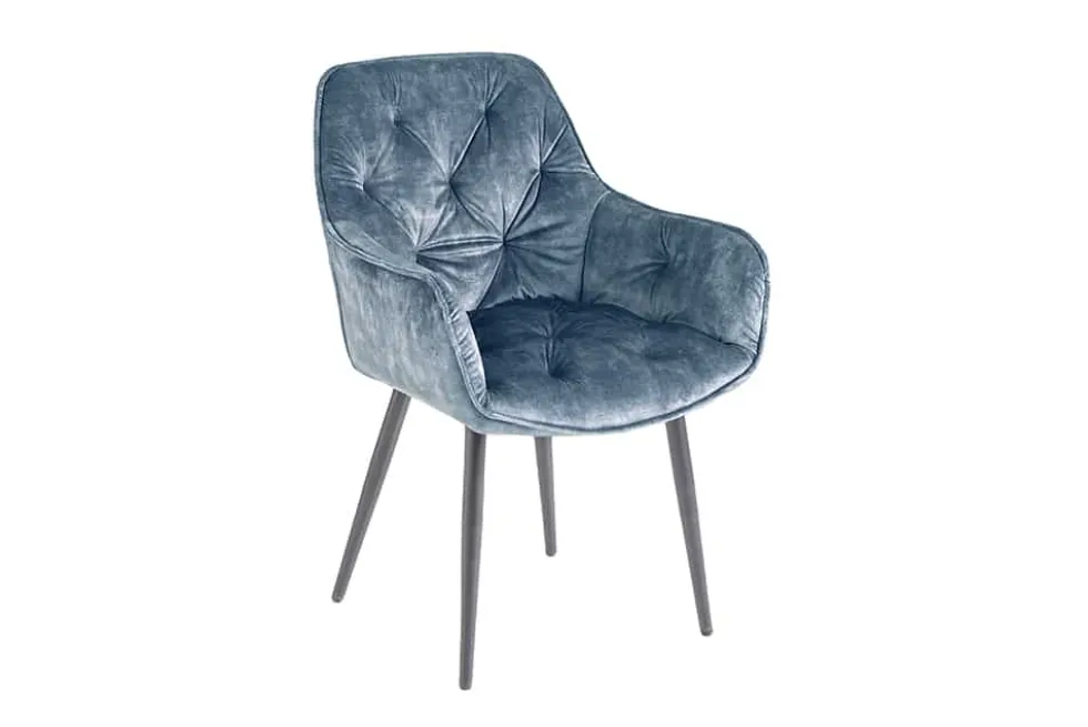 Design Stuhl MILANO petrol Samt mit Armlehne Ziersteppung gepolstert schwarze Metallbeine