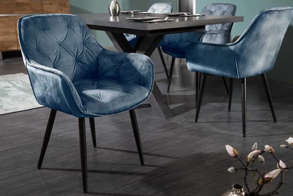 Design Stuhl MILANO petrol Samt mit Armlehne Ziersteppung gepolstert schwarze Metallbeine