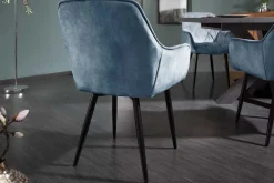 Design Stuhl MILANO petrol Samt mit Armlehne Ziersteppung gepolstert schwarze Metallbeine