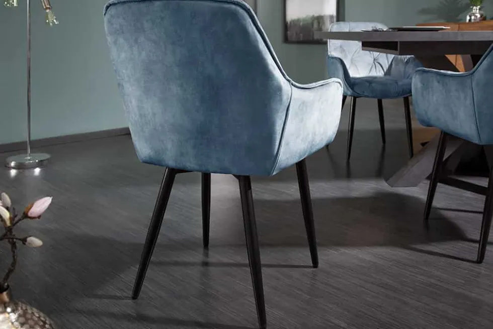 Design Stuhl MILANO petrol Samt mit Armlehne Ziersteppung gepolstert schwarze Metallbeine
