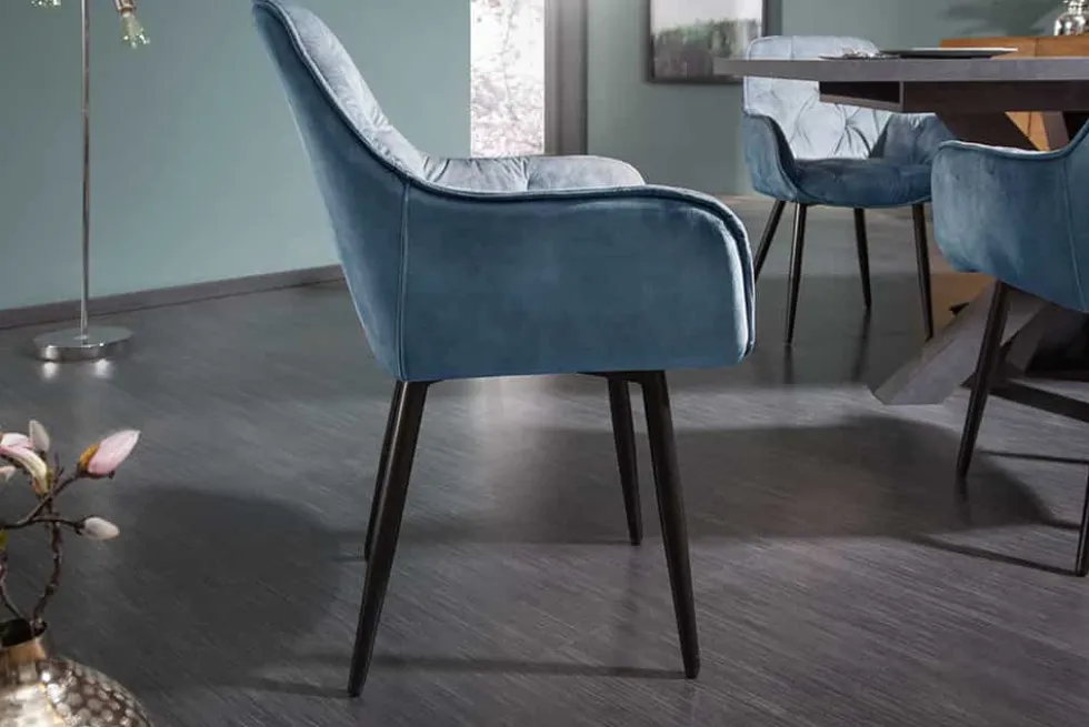 Design Stuhl MILANO petrol Samt mit Armlehne Ziersteppung gepolstert schwarze Metallbeine