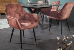 Design Stuhl MILANO rost braun Samt mit Armlehne Ziersteppung gepolstert schwarze Metallbeine