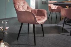 Design Stuhl MILANO rost braun Samt mit Armlehne Ziersteppung gepolstert schwarze Metallbeine