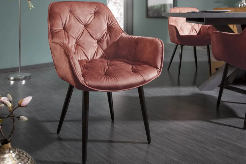 Design Stuhl MILANO rost braun Samt mit Armlehne Ziersteppung gepolstert schwarze Metallbeine