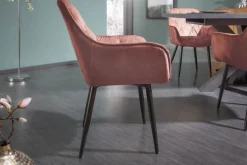 Design Stuhl MILANO rost braun Samt mit Armlehne Ziersteppung gepolstert schwarze Metallbeine