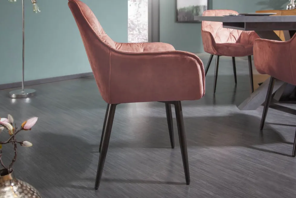 Design Stuhl MILANO rost braun Samt mit Armlehne Ziersteppung gepolstert schwarze Metallbeine