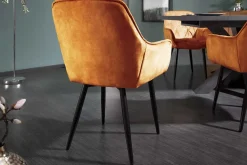 Design Stuhl MILANO senfgelb Samt mit Armlehne Ziersteppung gepolstert schwarze Metallbeine
