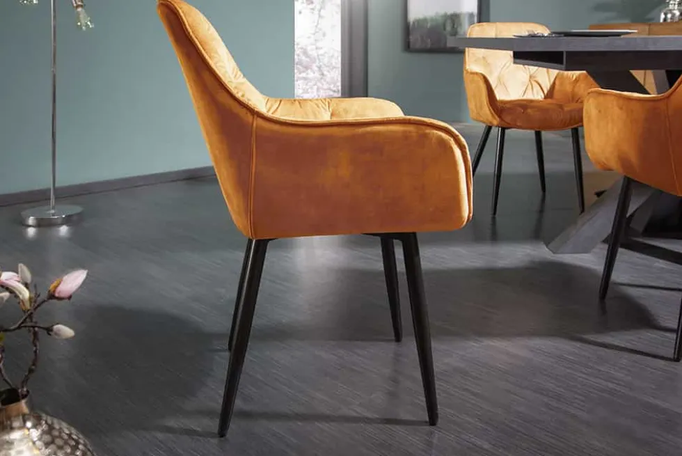 Design Stuhl MILANO senfgelb Samt mit Armlehne Ziersteppung gepolstert schwarze Metallbeine