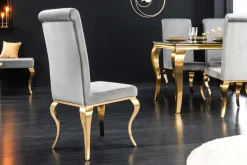 Design Stuhl MODERN BAROCK grau Samt goldene Stuhlbeine