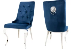 Design Stuhl MODERN BAROCK royalblau Samt mit silbernem Löwenkopf