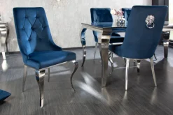 Design Stuhl MODERN BAROCK royalblau Samt mit silbernem Löwenkopf
