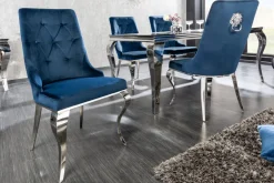 Design Stuhl MODERN BAROCK royalblau Samt mit silbernem Löwenkopf