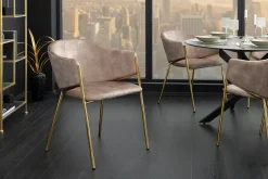 Design Stuhl NOBLESSE champagner beige Samt golden verchromtes Metallgestell