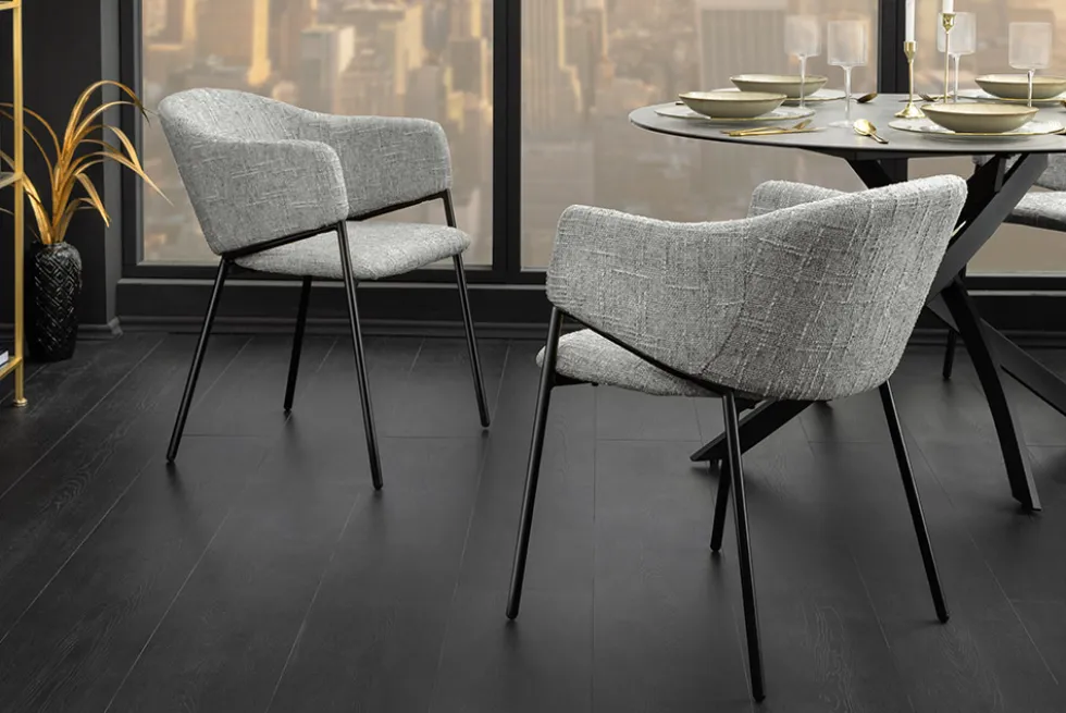 Design Stuhl NOBLESSE grau Chenille schwarzes Metallgestell