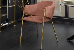 Design Stuhl NOBLESSE rosé Samt golden verchromtes Metallgestell Retro-Look