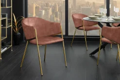 Design Stuhl NOBLESSE rosé Samt golden verchromtes Metallgestell Retro-Look
