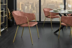 Design Stuhl NOBLESSE rosé Samt golden verchromtes Metallgestell Retro-Look
