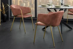 Design Stuhl NOBLESSE rosé Samt golden verchromtes Metallgestell Retro-Look