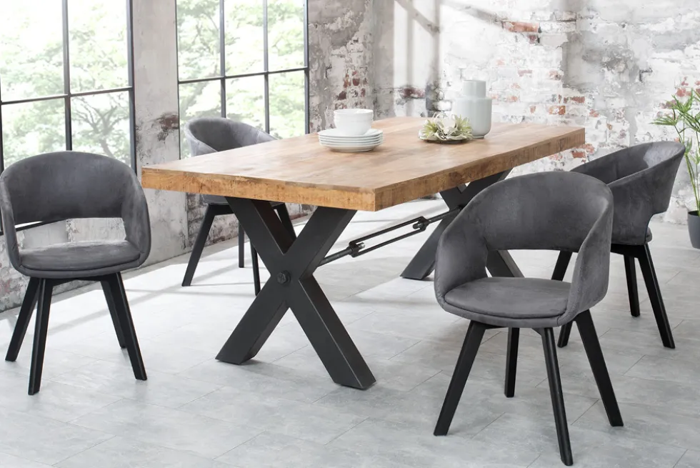 Design Stuhl NORDIC STAR antik grau Microfaser Massivholz schwarz mit Armlehne gepolstert
