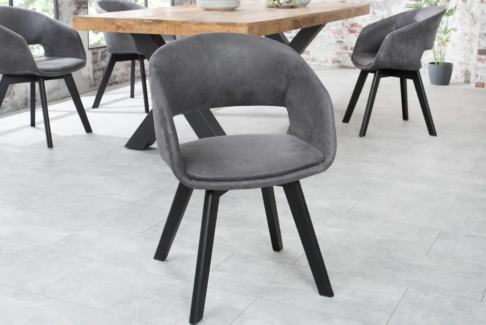 Design Stuhl NORDIC STAR antik grau Microfaser Massivholz schwarz mit Armlehne gepolstert