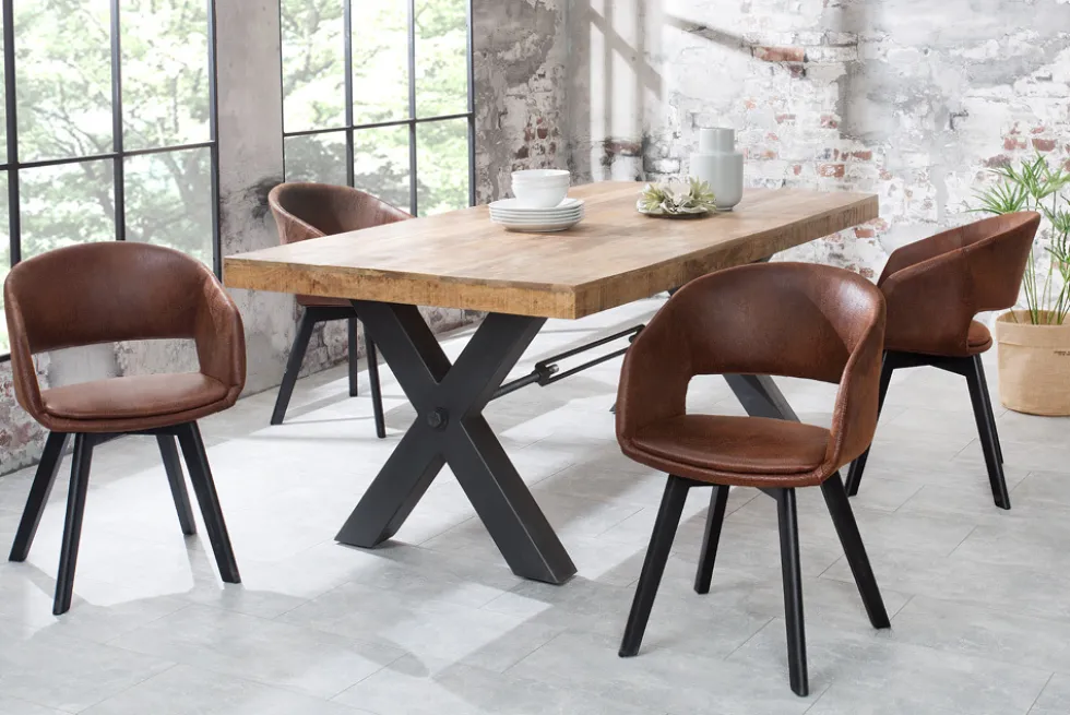 Design Stuhl NORDIC STAR antik braun Microfaser Massivholz schwarz mit Armlehne gepolstert