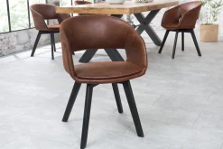 Design Stuhl NORDIC STAR antik braun Microfaser Massivholz schwarz mit Armlehne gepolstert