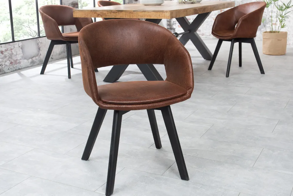 Design Stuhl NORDIC STAR antik braun Microfaser Massivholz schwarz mit Armlehne gepolstert