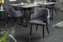 Design Stuhl PARIS grau Samt mit Armlehnen Ziersteppung goldene Fußkappen gepolstert