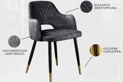 Design Stuhl PARIS grau Samt mit Armlehnen Ziersteppung goldene Fußkappen gepolstert