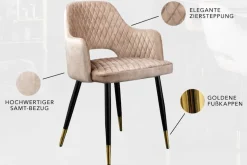Design Stuhl PARIS greige Samt mit Armlehnen Ziersteppung goldene Fußkappen