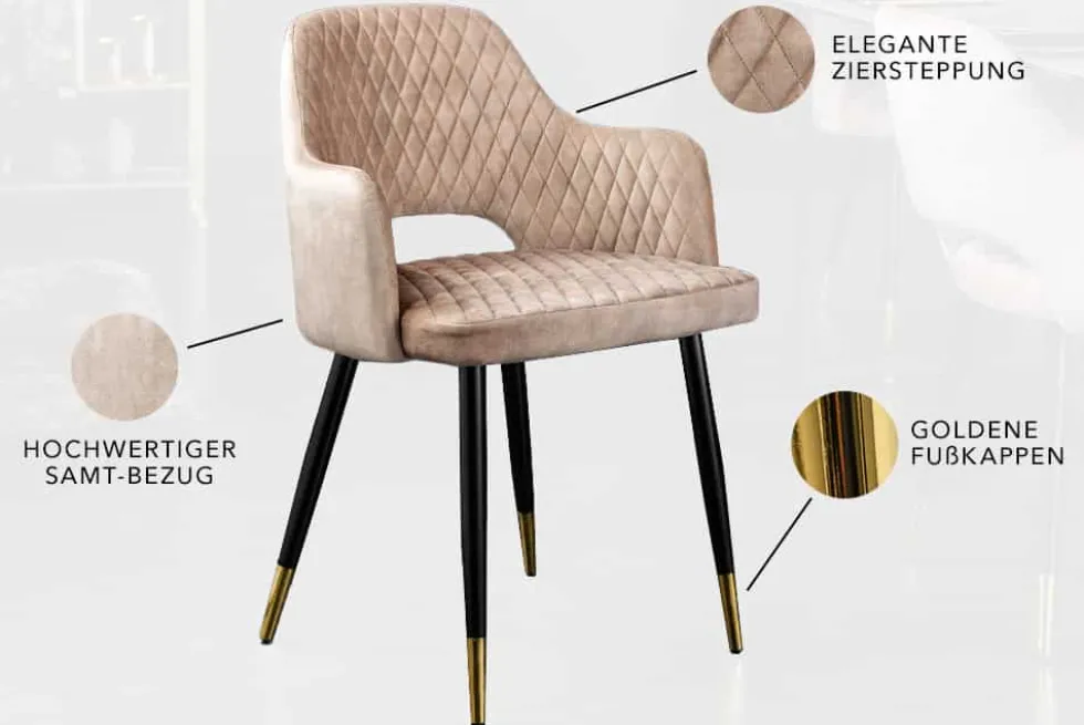 Design Stuhl PARIS greige Samt mit Armlehnen Ziersteppung goldene Fußkappen