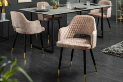 Design Stuhl PARIS greige Samt mit Armlehnen Ziersteppung goldene Fußkappen