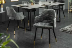 Design Stuhl PARIS grün Samt mit Armlehnen Ziersteppung goldene Fußkappen